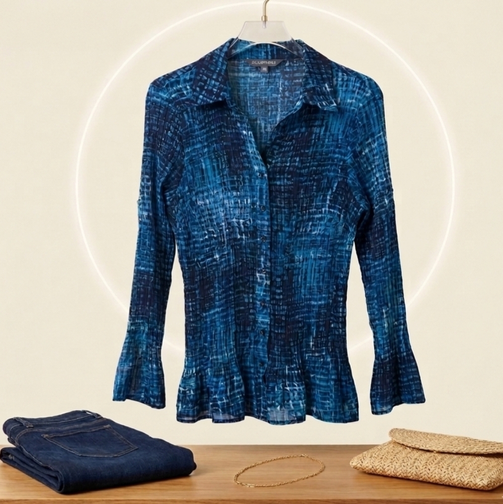 Addition Elle Sz 16 Abstract Button-Up Blouse Pleated Flared Sleeves Royal Blue - Picture 1 of 16